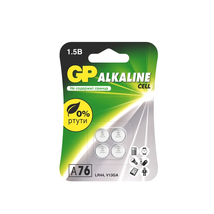 Батарейка алкалиновая GP, LR44 (G13, V13GA, A76)-4BL, 1.5 В, блистер, 4 шт. - Фото 1