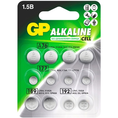 Батарейка алкалиновая GP, ACM02F-12BL (А76 по 4 шт; 164.186.189 192 по 2 шт.); 1.5 В, 12 шт.
