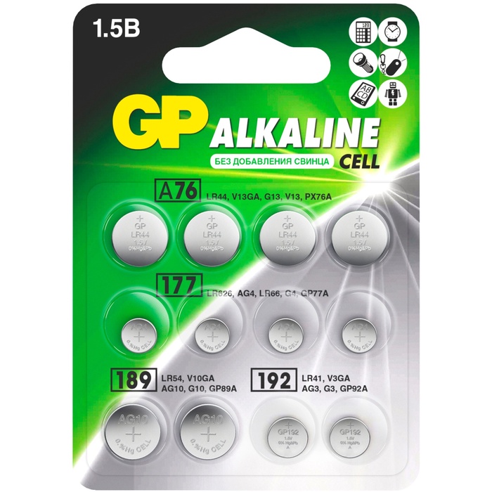 Батарейка алкалиновая GP, ACM02F-12BL (А76 по 4 шт; 164.186.189 192 по 2 шт.); 1.5 В, 12 шт. - Фото 1