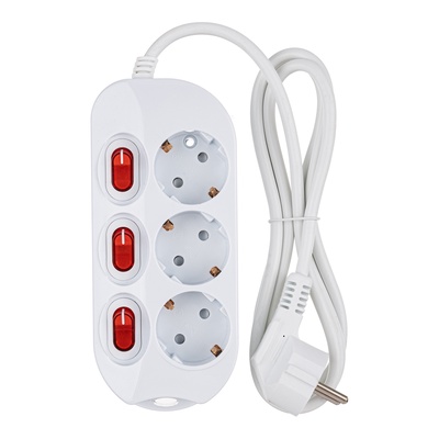 Удлинитель СТАРТ, 3 розетки, 1.5 м, 16 А, ПВС 3×1 мм2, с заземлением, индивидуальные кнопки включения, IP20, белый