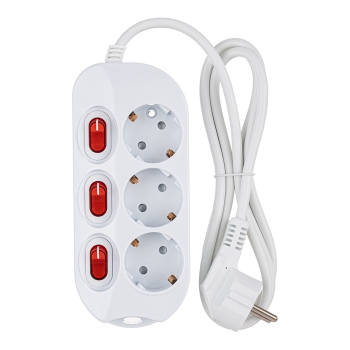 Удлинитель СТАРТ, 3 розетки, 1.5 м, 16 А, ПВС 3×1 мм2, с заземлением, индивидуальные кнопки включения, IP20, белый - Фото 1