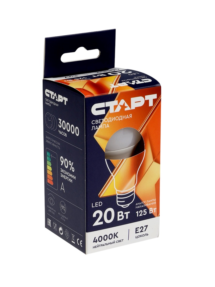 Лампа светодиодная СТАРТ, 20 Вт, Е27, А60, 4000К, 1600 Лм, свечение нейтральное белое - Фото 1