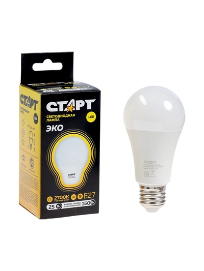 Лампа светодиодная СТАРТ, 25 Вт, Е27, А60, 2700К, 2000 Лм, свечение тёплое белое