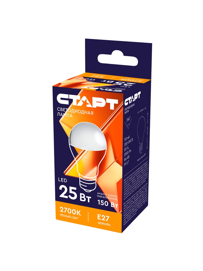 Лампа светодиодная СТАРТ, 25 Вт, Е27, А60, 2700К, 2000 Лм, свечение тёплое белое - Фото 1