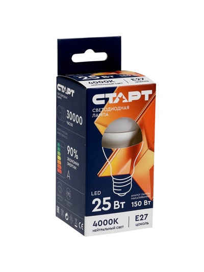 Лампа светодиодная СТАРТ, 25 Вт, Е27, А60, 4000К, 2000 Лм, свечение нейтральное белое