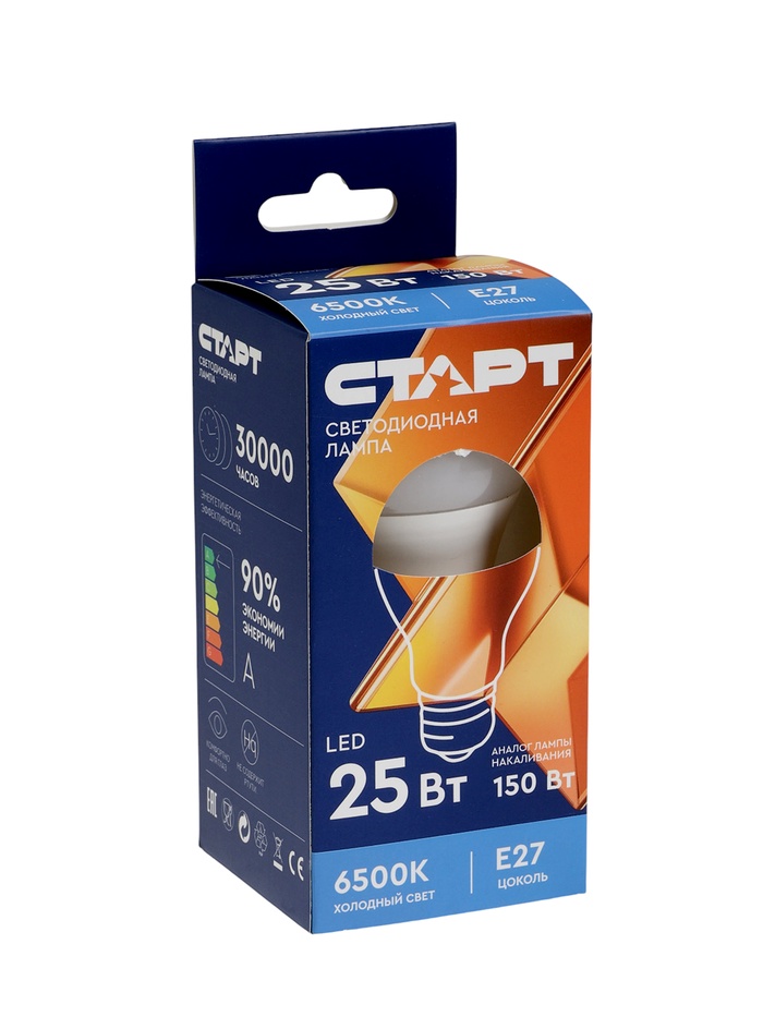 Лампа светодиодная СТАРТ, 25 Вт, Е27, А60, 6500К, 2000 Лм, свечение холодное белое - Фото 1