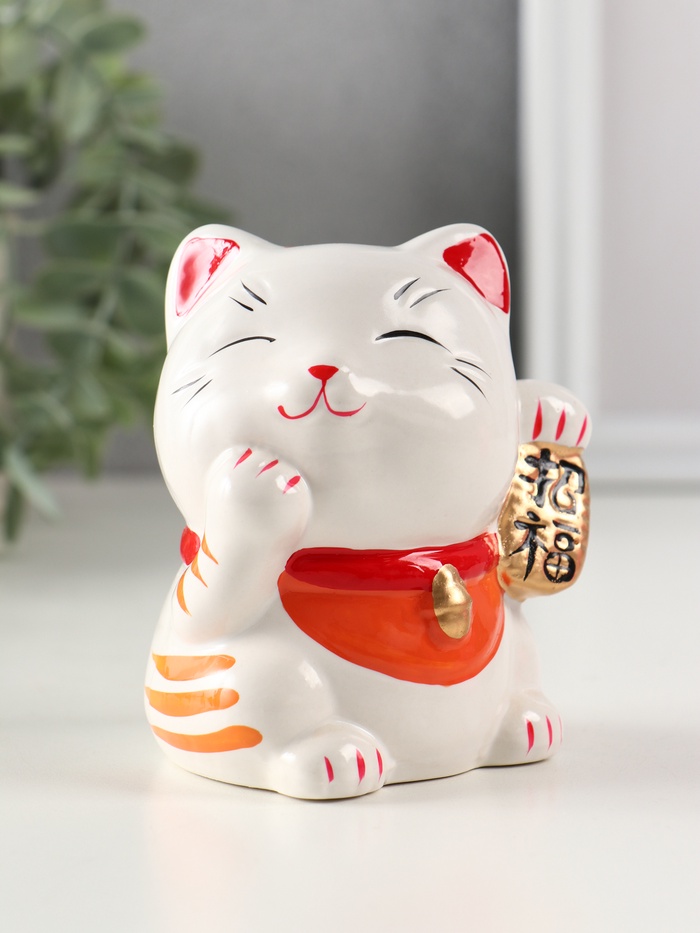 Копилка для денег «Манэки-нэко - иероглиф удача», керамика, оранж, 7.2×8.3×10 см - Фото 1