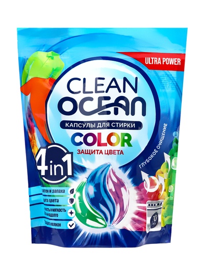 Капсулы для стирки Ocean Clean Color 4 в 1, защита цвета, 30 шт.