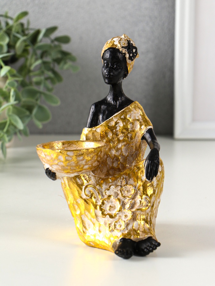 Фигурка - подсвечник на 1 свечу «Африканка в золотом платье с цветами», полистоун, d=4.5 см, 10.5×12×16 см - Фото 1