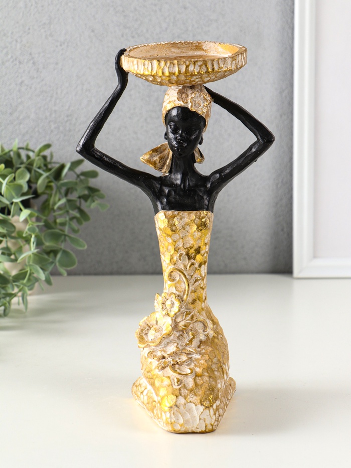 Фигура - подсвечник на 1 свечу «Африканка в косынке с цветами», полистоун под золото, d=8 см, 14×15×27.5 см - Фото 1