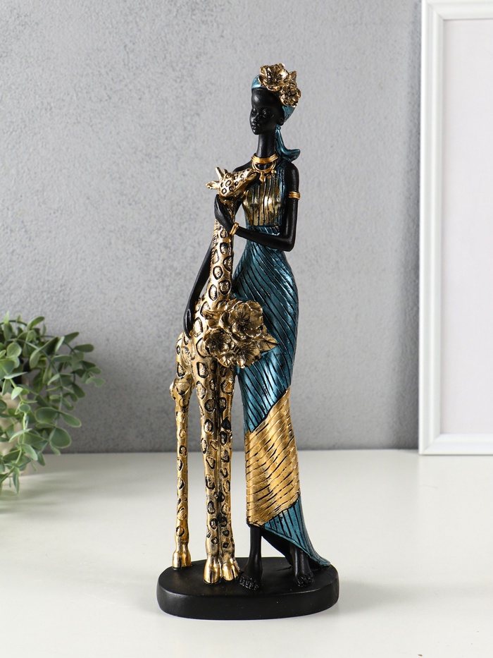 Фигура полистоун «Африканка в платье с жирафом», бензиновый синий, 13×9.5×40 см - Фото 1
