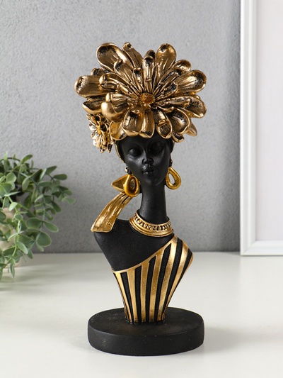 Бюст полистоун «Девушка с золотым цветком, в полосатом наряде», фигура, чёрный, 12.3×11.5×31.5 см