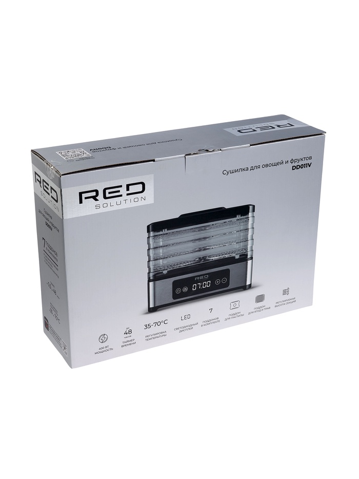 Сушилка для овощей и фруктов RED SOLUTION DD011V, 400 Вт, 35–70°C, 0.5–48 ч, 7 поддонов, серая