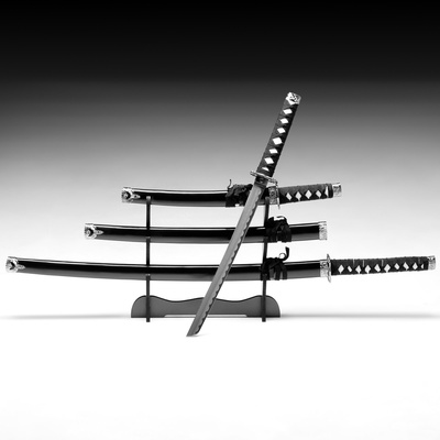 УЦЕНКА Макет оружия «Сувенирные катаны на подставке 3в1. Глянец», ножны дерево, черные, 53 см; 76 см; 101 см