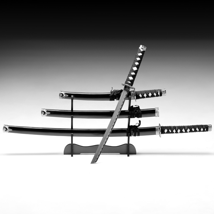 УЦЕНКА Сув. изделие катаны 3в1 на подставке, ножны дерево, черные глянец 53/76/101 см - Фото 1