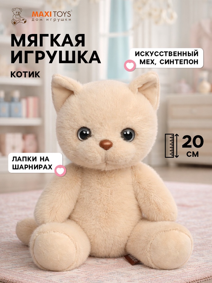 Мягкая игрушка «Котик», бежевый, 20 см - Фото 1