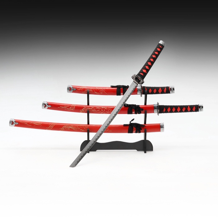 УЦЕНКА Сув. изделие катаны 3в1 на подставке, ножны дерево, дракон красные 54/81/100 см - Фото 1