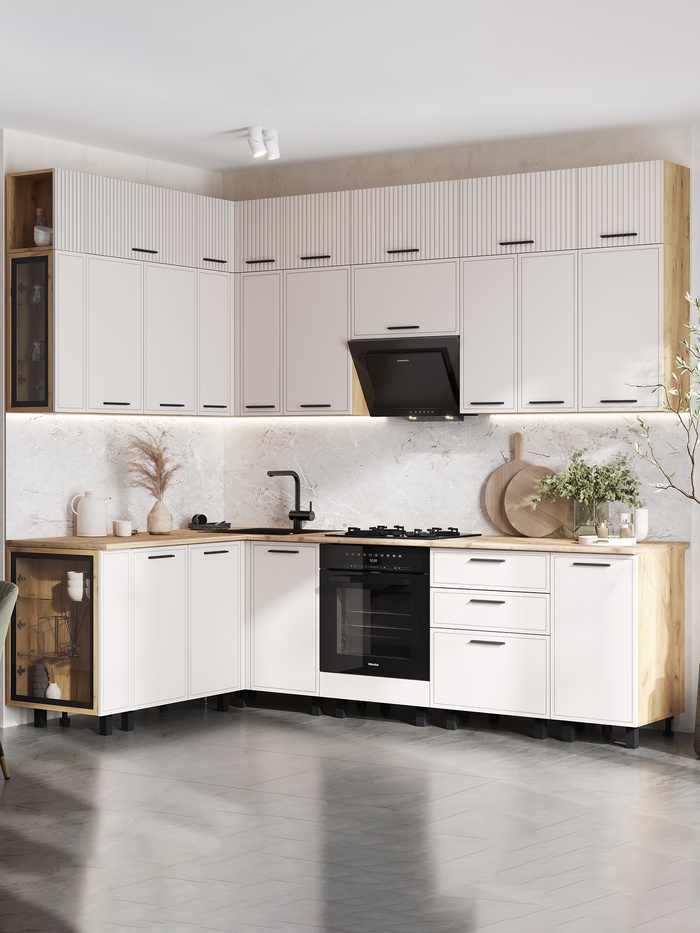 Кухонный гарнитур угловой в потолок «Бьянка», 1600×2600 мм, цвет кашемир МДФ/дуб крафт - Фото 1