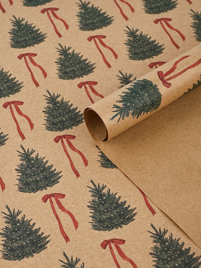 Бумага упаковочная новогодняя крафтовая «Ёлки и банты», 50×70 см