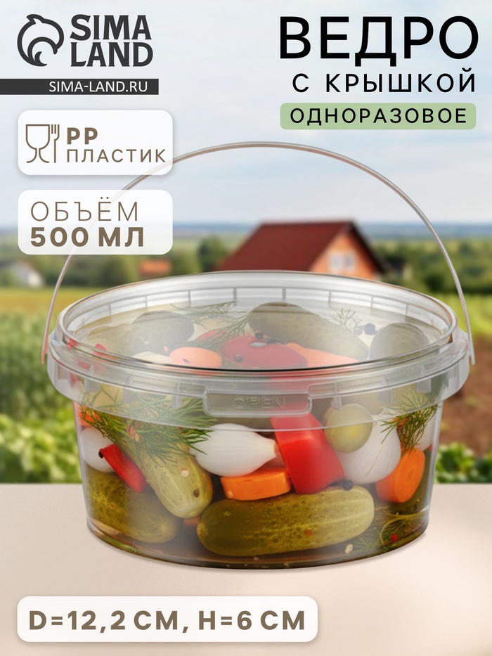 Ведро одноразовое с крышкой, 500 мл, d=12.2 см, h=6 см, пластик, прозрачное - Фото 1