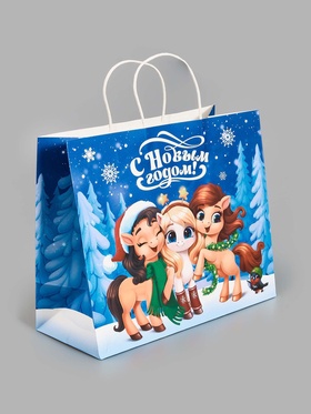 Пакет подарочный новогодний «Лошадки 2026», белый крафт, 32×28×15 см