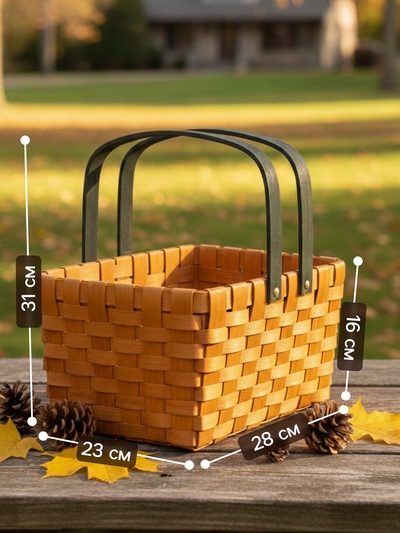 Корзина плетёная для хранения, 28×23×16 см, ручка h=15 см, деревянная, коричневая, Greengo