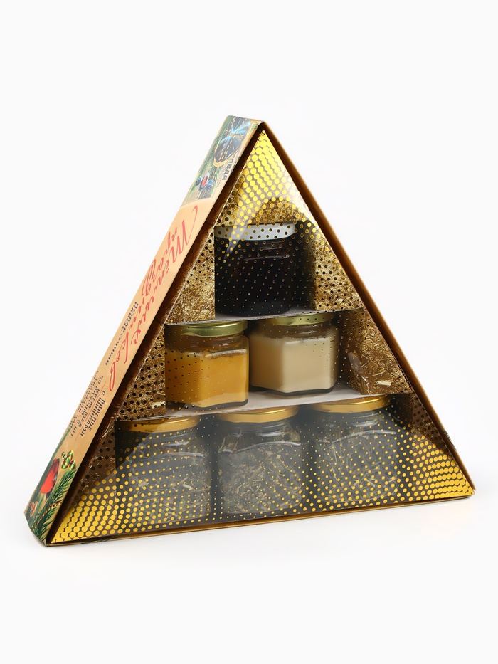 Подарочный новогодний набор «Советский»: чай травяной 25 г × 3 шт., варенье с шишками 100 мл., крем-мёд 120 г × 2 шт.