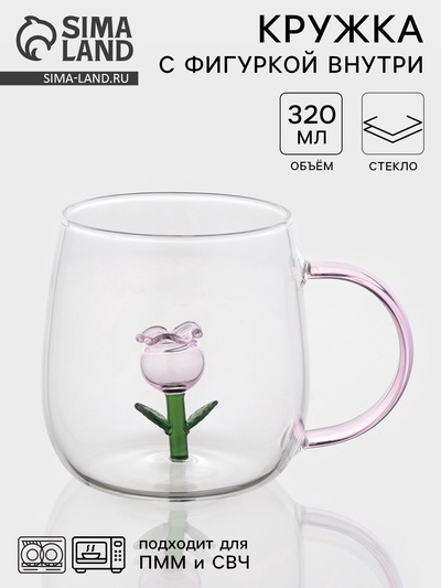 Кружка «Розочка», 320 мл, 9×12.5×9 см, с фигуркой, стекло, прозрачная, розовая