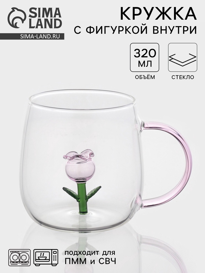 Кружка «Розочка», 320 мл, 9×12.5×9 см, с фигуркой, стекло, прозрачная, розовая - Фото 1