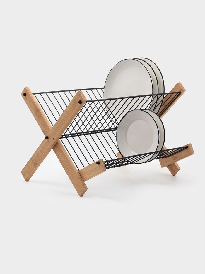 Сушилка для посуды Доляна Meli, 2 уровня, бамбук, металл, чёрная - Фото 1
