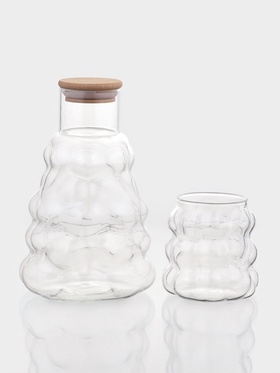 Графин «Рельеф», 1 л, 13×13×24 см, со стаканом 350 мл, с бамбуковой крышкой, стекло, прозрачный