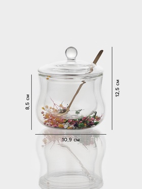 Сахарница с двойными стенками «Флора», 300 мл, 11×12 см, с сухоцветами, с ложкой, стекло, прозрачная