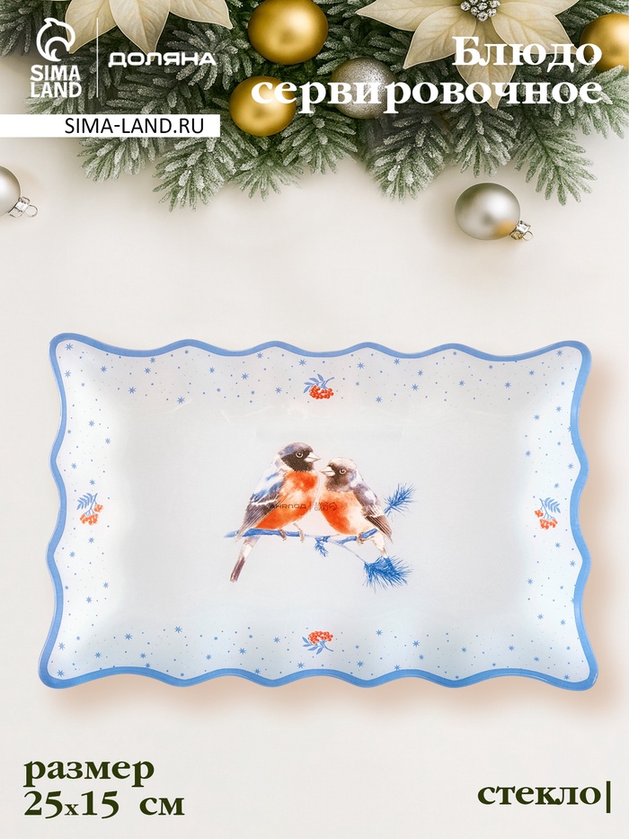 Блюдо сервировочное новогоднее Доляна «Снегири на ветке«», 25×16 см, стекло, белое, голубое - Фото 1