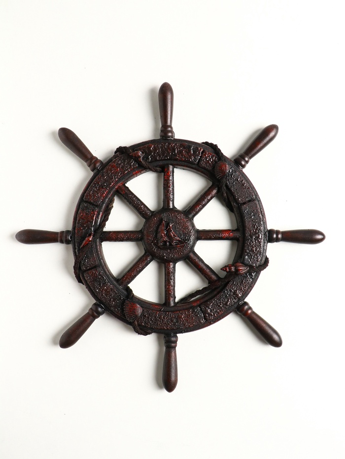 Настенный декор «Штурвал: Парусник и ракушки», панно, красно-коричневый, 33.5×33.5×3 см - Фото 1