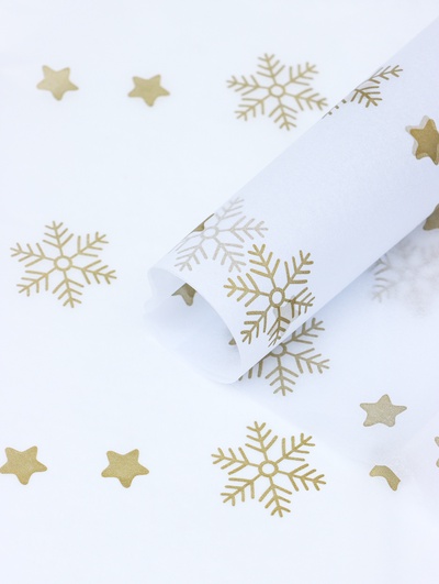 Бумага упаковочная новогодняя тишью «Снежинки со звездами», золотистый, 50×66 см