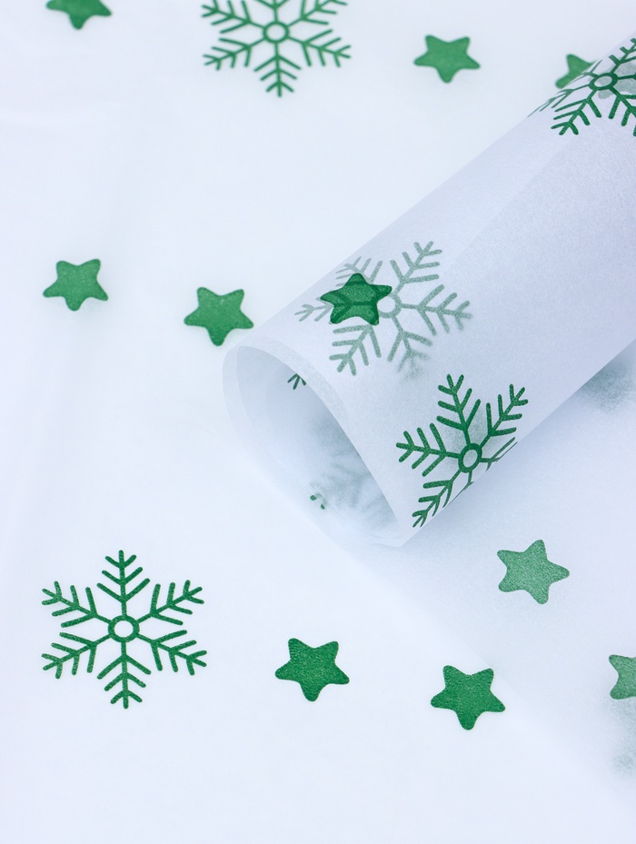 Бумага упаковочная новогодняя тишью «Снежинки со звездами», зелёный, 50×66 см - Фото 1