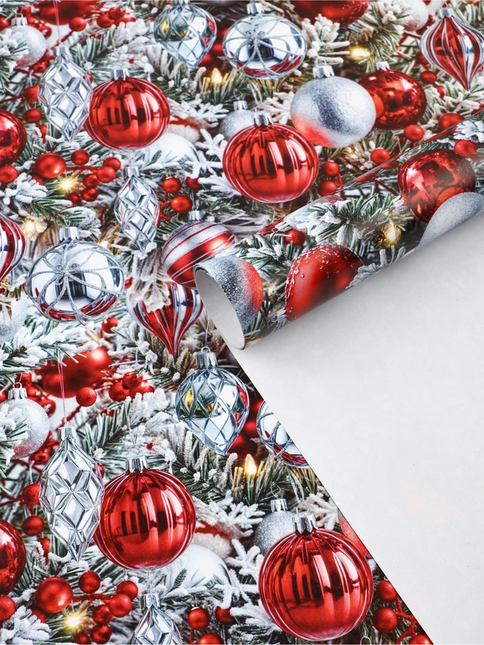 Бумага упаковочная новогодняя глянцевая «Красные шары», 70×100 см - Фото 1