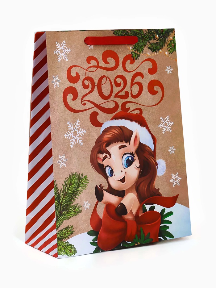 Пакет новогодний крафтовый подарочный «Новый год 2026», лошадь, L 31×40×11.5 см - Фото 1