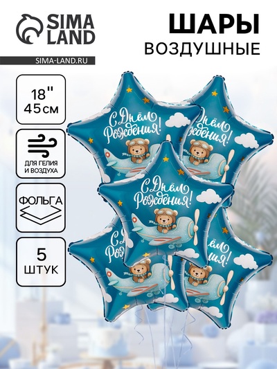 Воздушные шары фольгированные 19" «С днем рождения, пилот», 5 шт.