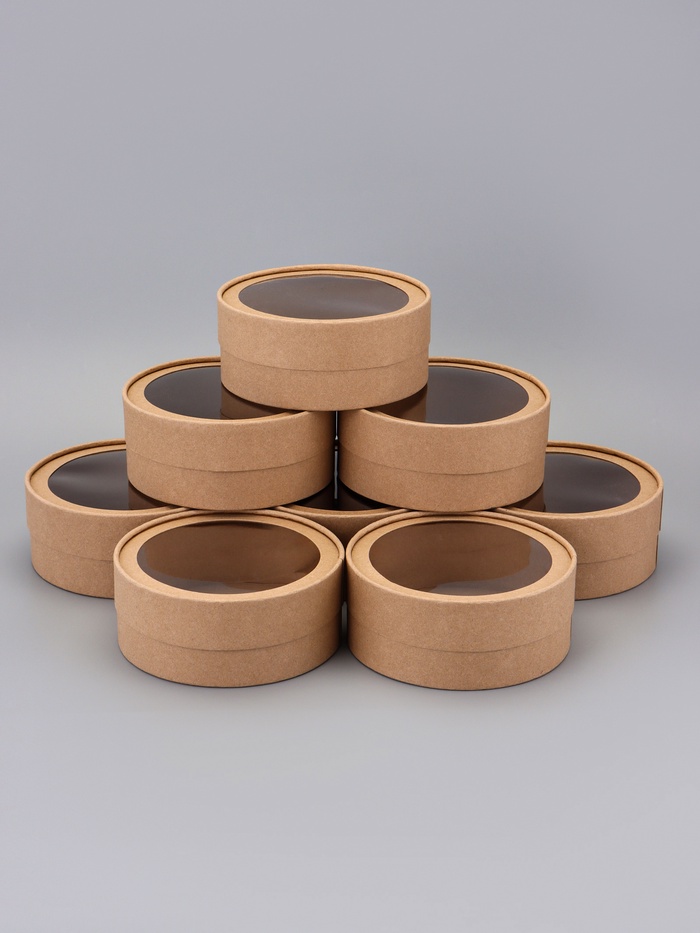 Набор круглых подарочных коробок, завальцованные с окном, крафт, набор 8 шт., 15×6 см - Фото 1