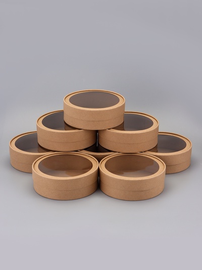 Набор круглых подарочных коробок, завальцованные с окном, крафт, набор 8 шт., 18×6 см