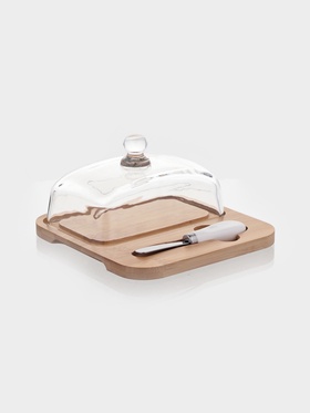 Маслёнка, 19×18×9.5 см, с ножом, на бамбуковой подставке, стекло, прозрачная