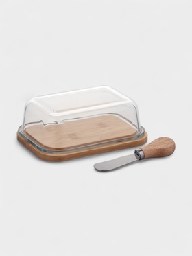 Маслёнка, 17.4×13×6.5 см, с бамбуковой крышкой-подставкой и ножом, стекло, прозрачная 10910749