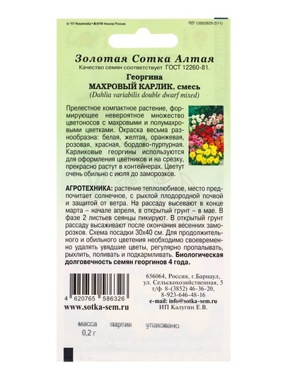 Семена Георгина «Махровый карлик смесь», 0.2 г, «Золотая Сотка Алтая»