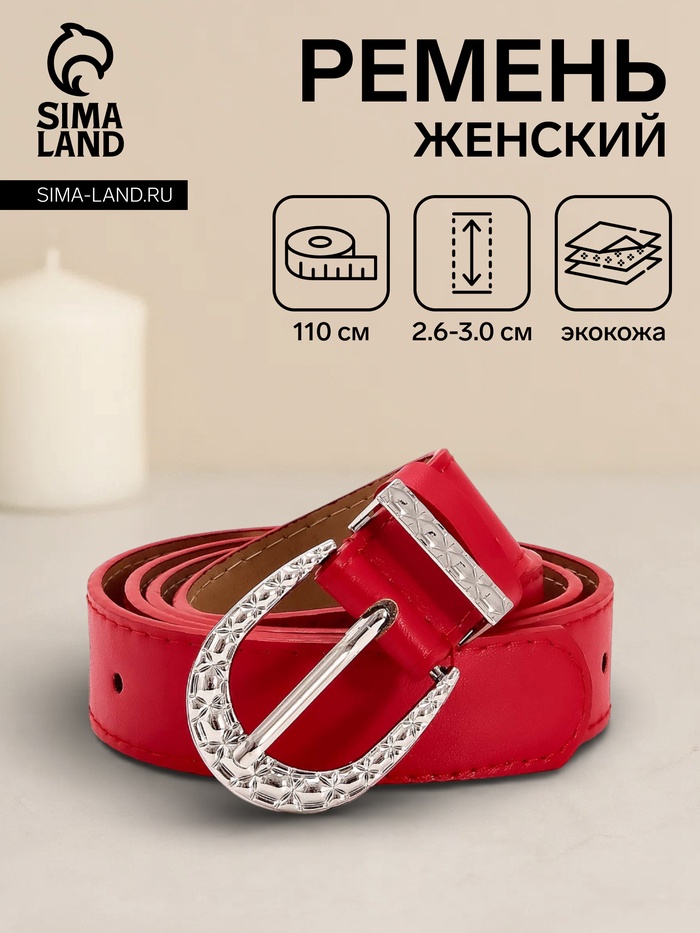 Ремень женский «Кэлли», 110×3 см, пряжка металл, серебристая, красный - Фото 1