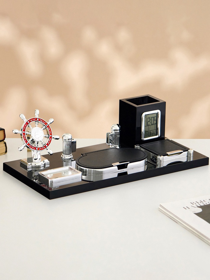 УЦЕНКА Набор настольный 7в1 с визитницей и часами, черное дерево - Фото 1