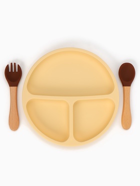Тарелка детская секционная с ложкой и вилкой, 3 секции, молочный, Mum&Baby Тарелка детская секционная с ложкой и вилкой, 3 секции, молочный, Mum&Baby