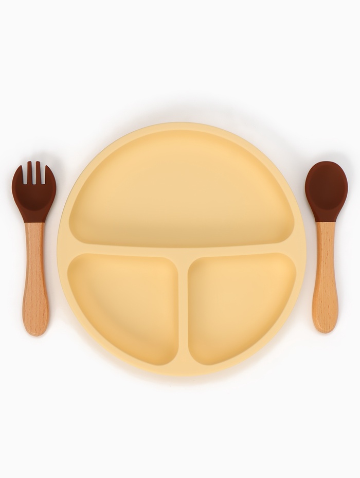 Тарелка детская секционная с ложкой и вилкой, 3 секции, молочный, Mum&Baby - Фото 1