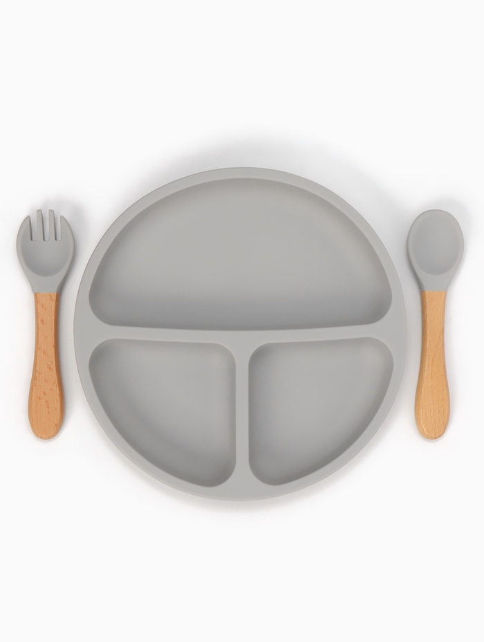 Тарелка детская секционная с ложкой и вилкой, 3 секции, серый, Mum&Baby - Фото 1