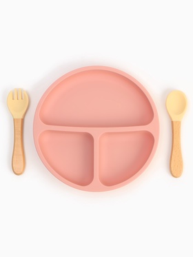 Тарелка детская секционная с ложкой и вилкой, 3 секции, розовый, Mum&Baby Тарелка детская секционная с ложкой и вилкой, 3 секции, розовый, Mum&Baby